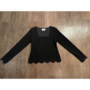 Anthropologie Black Long Sleeve Square Neck Scalloped Edge Blouse Size Medium